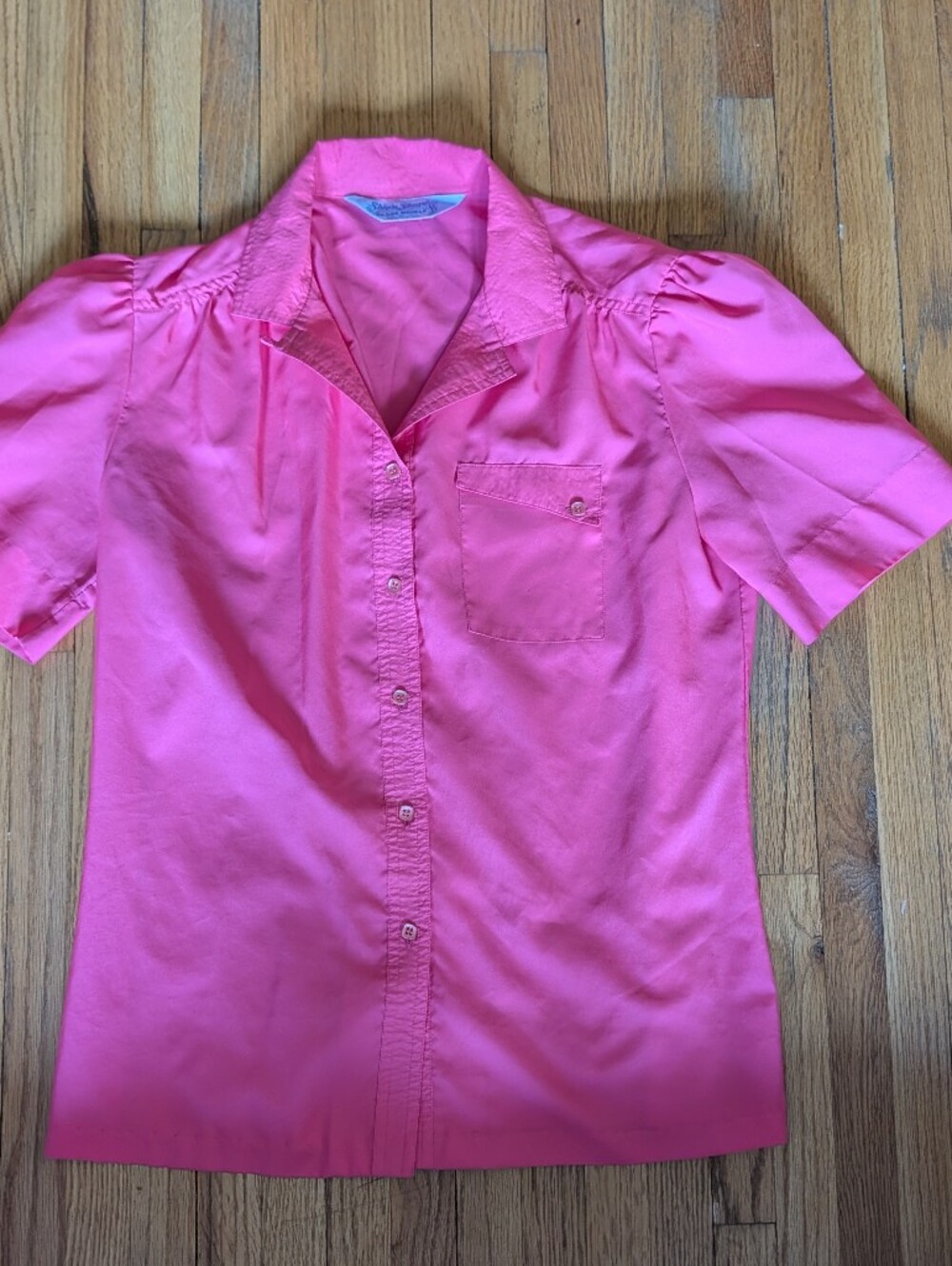 VTG Ship 'n Shore Pink Silken Wonder Puff Sleeve Button Down Blouse 12